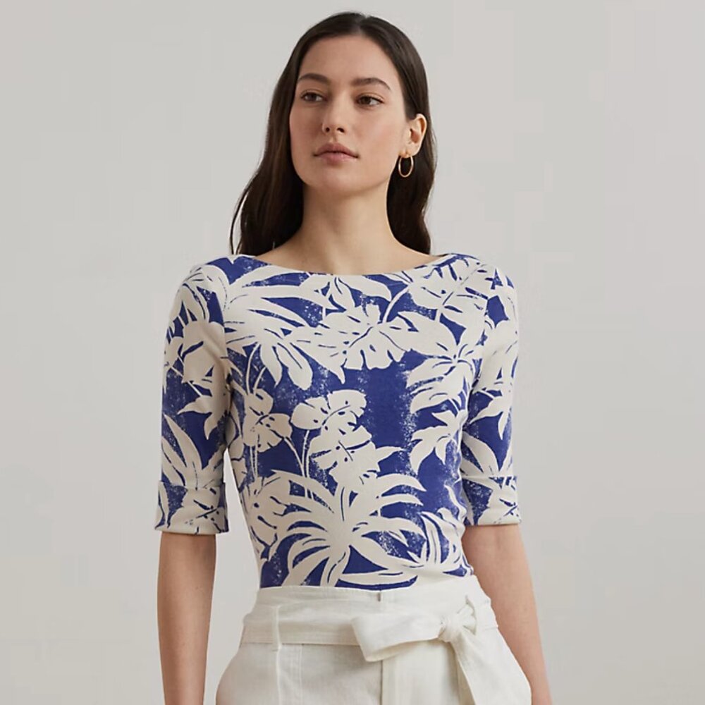 Palm-Frond-Print Cotton Boatneck Tee
